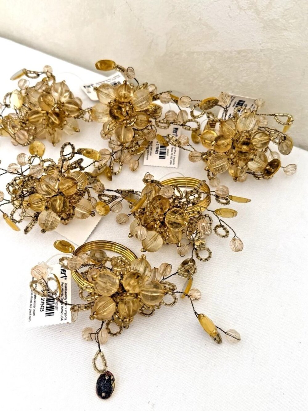 Pier 1 Imports Gold Champagne Beaded Floral Napkin Rings Set Of 6 New with Tags